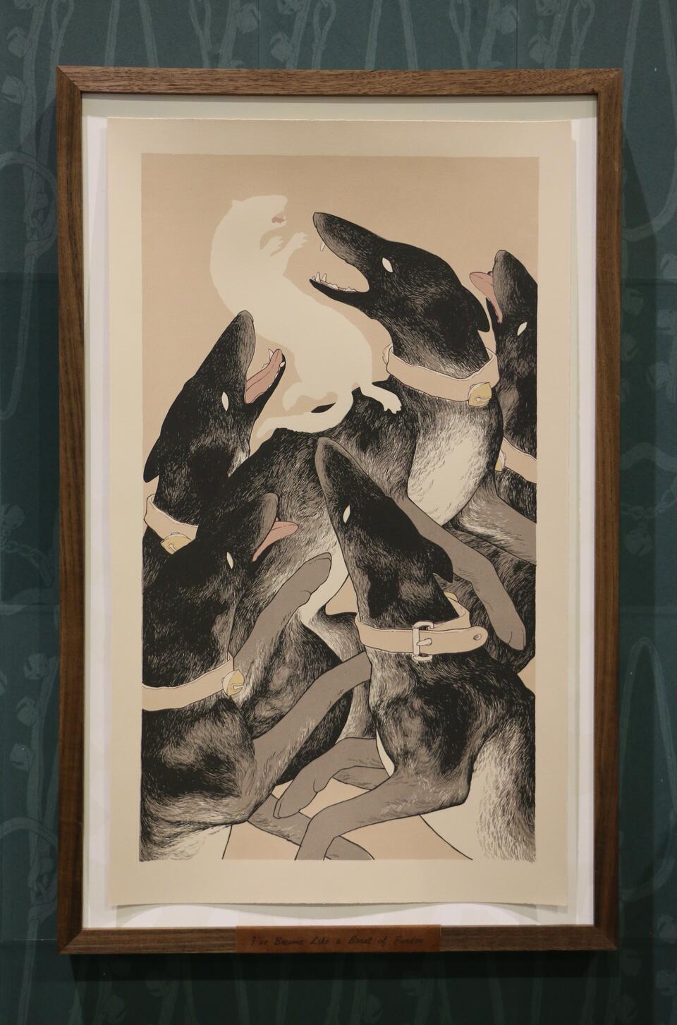 Screen print of dogs jumping to catch a mink