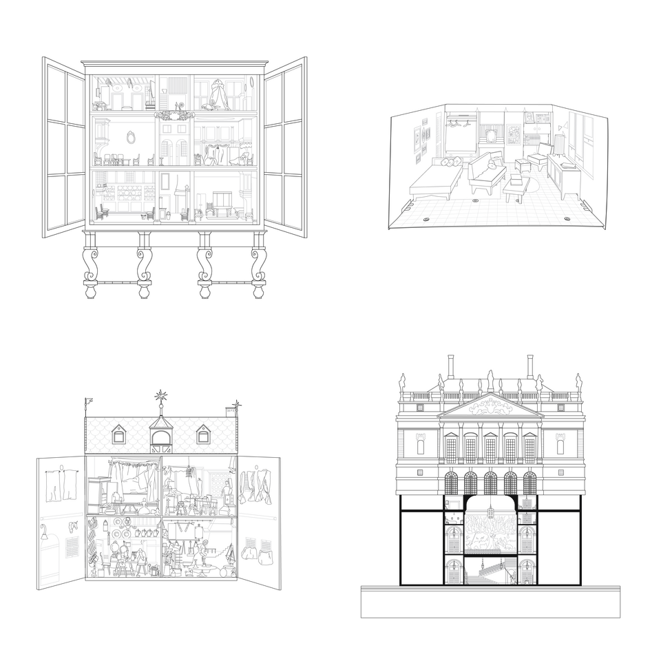 Digital Drawing, black linework, depicting 4 historical dollhouses, Dolls’ House of Petronella Oortman, Barbie Dream House, The Nuremberg House, and Queen Mary’s Dollhouse. Opened up to reveal all the objects displayed within.