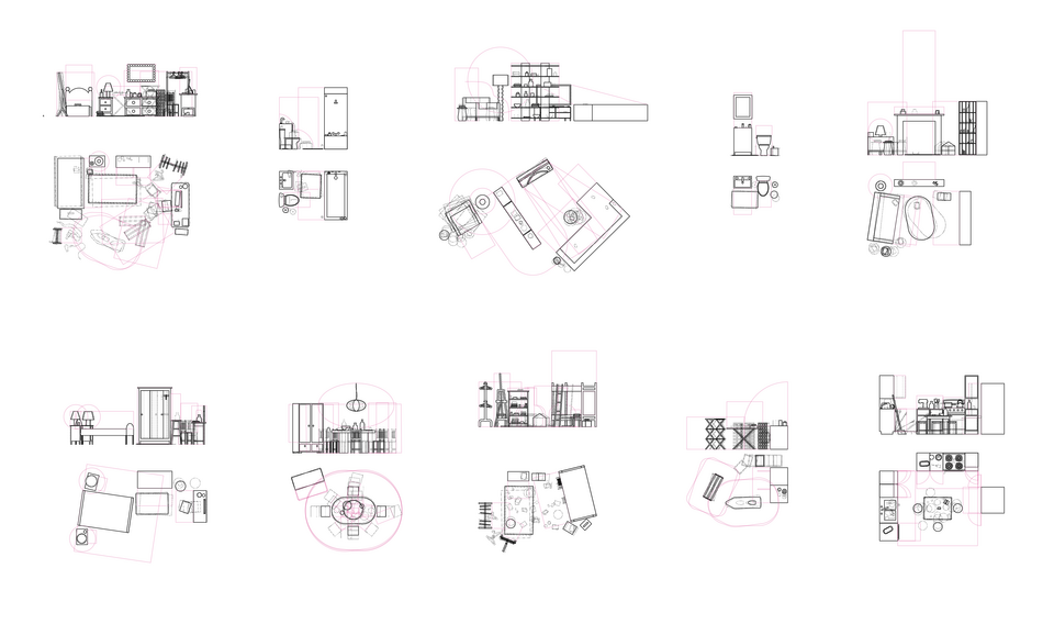 Plan and elevation drawings for 10 different scenes created from the manipulation of the 1:12 scale objects made, documenting the movement and aura of the objects.