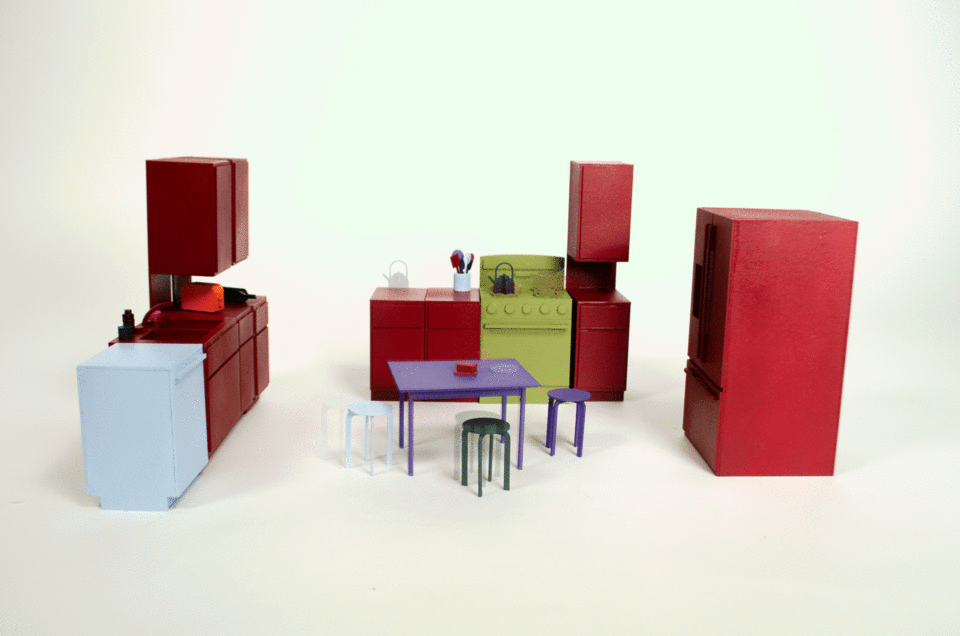 stop motion gif of objects depicting a kitchen scene, documenting the movement of objects.