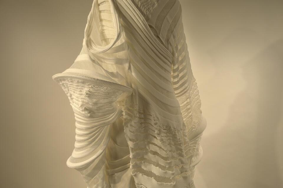 The dimensional garment, inspired by a moth and the empty cocoon is fully wearable and draped around the body form.