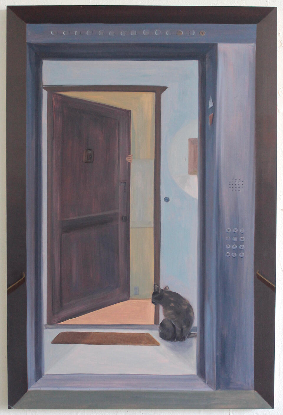 A cat peers into an open apartment door, seen from the inside of an elevator.