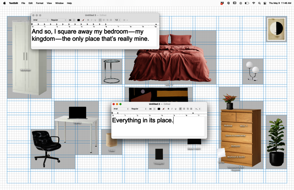 Recreation of a bedroom, using background image and folder images, on a laptiop desktop