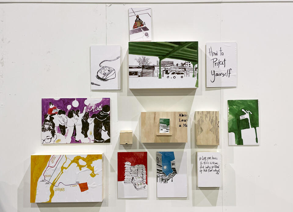 Eleven minimalist acrylic ink illustrations of Little Manila of varying sizes mounted on plywood. In the center, a plywood box housing the zine "Tracing Little Manila." Beside it a small box containing postcards.