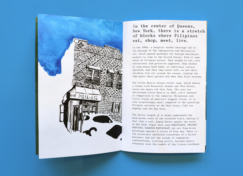 A spread from a zine. An illustration of a blue sky that shapes the negative space below it into a city block with a Filipino grocery store.