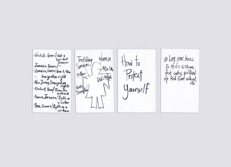 Four index cards, 3 by 5 inches each, with ink illustrations.