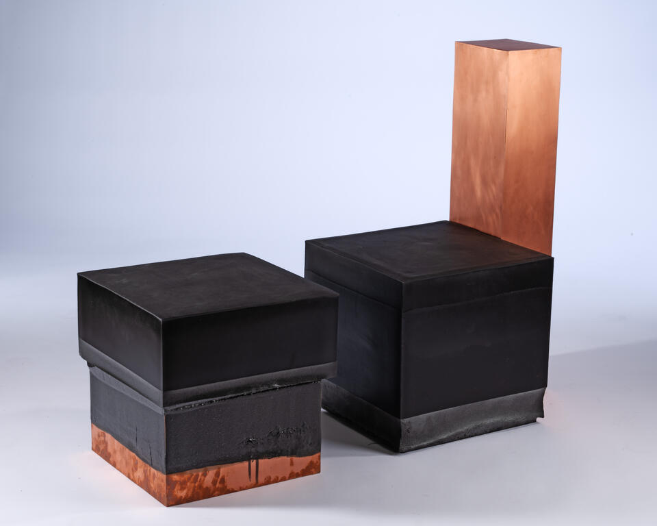 Furniture pieces made of copper & Charcool biomaterial (invented by Isabela chan & Pablo Ejarque-González)
