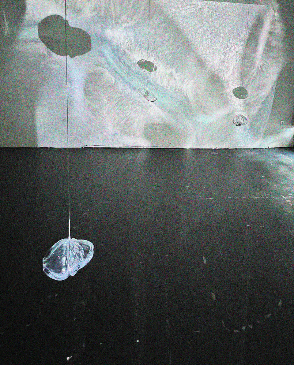 Projection, channel, and glass pieces organized in a multimedia installation
