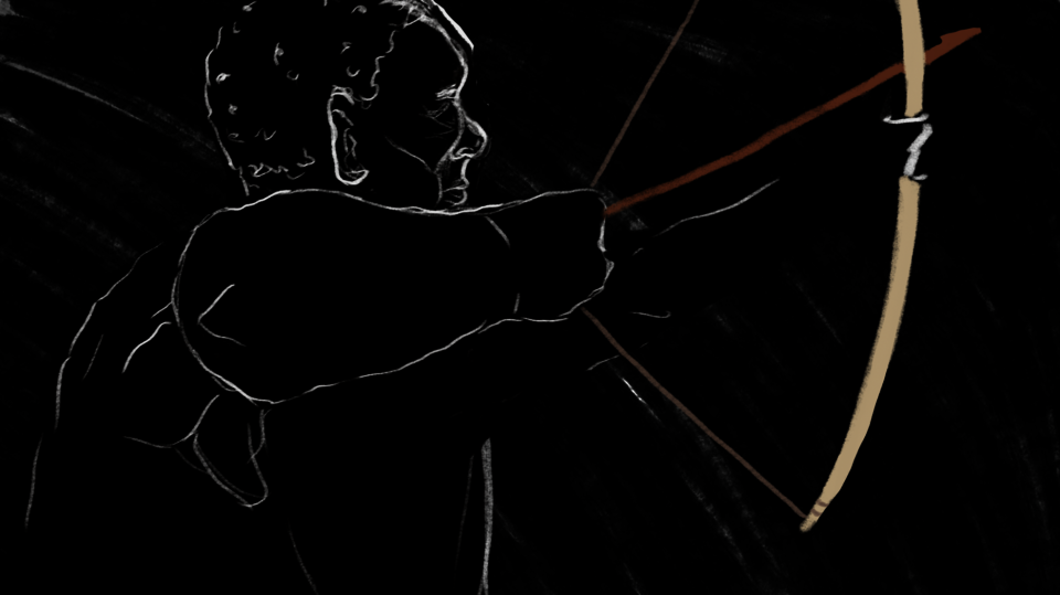 Three quarter angle view of a white line drawing of San hunter pulling bow and arrow, against a fuzzy black background. The character has a highly detailed face and their head is profile view