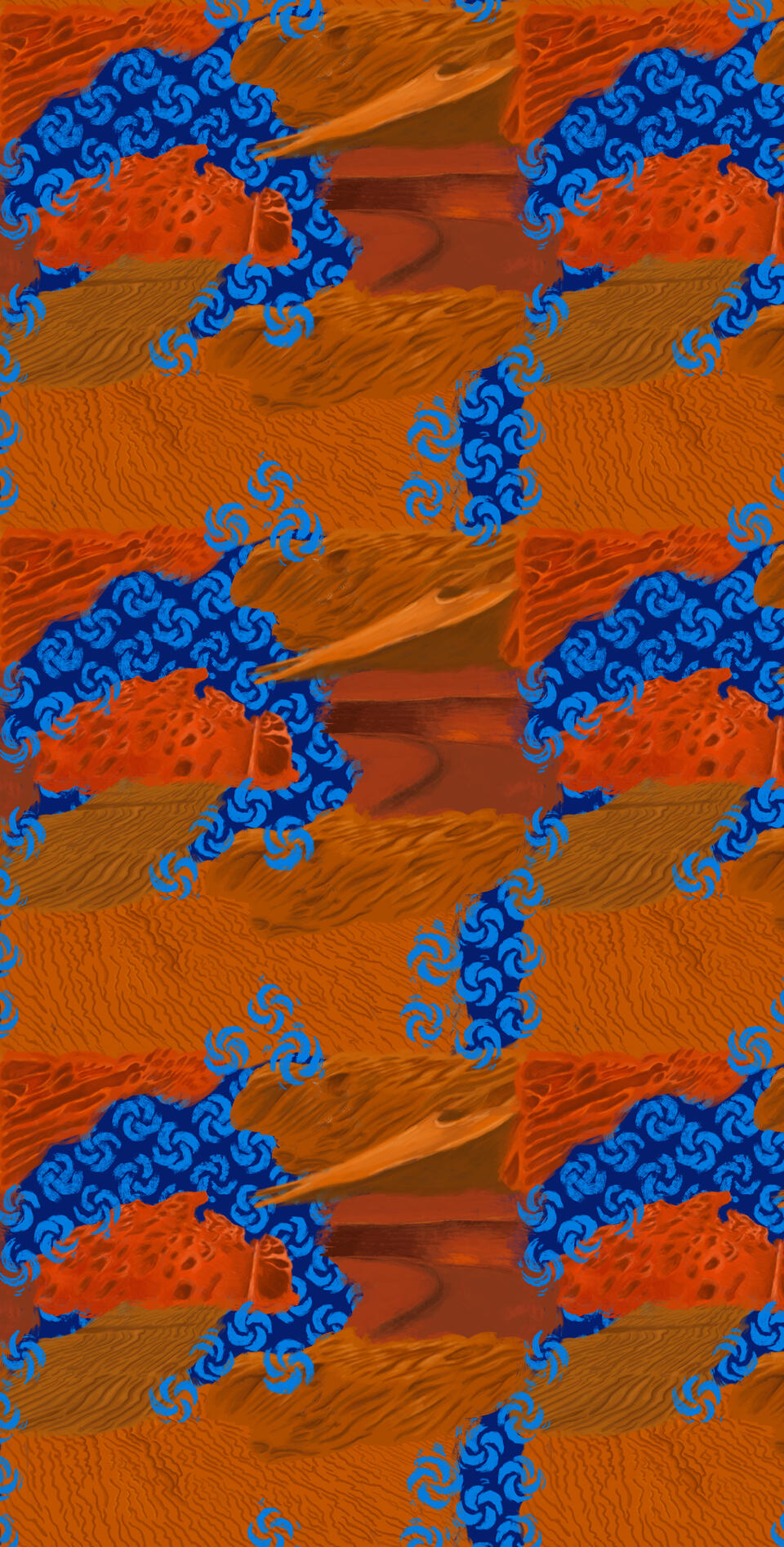 collaged desert dunes and sand in different earth tones overlapping each other, with patches of  ultramarine blue inbetween with light blue spirals on top. Tiled in repeating pattern in half drop