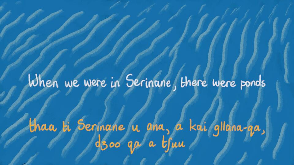Blue water background with light blue waves. English Text reads: ""When we were in Serinane, there were ponds."" Sasi text below reads: ""thaa ti Serinane u ana, a kai g//ana-qa, dzoo qa a tshuu""