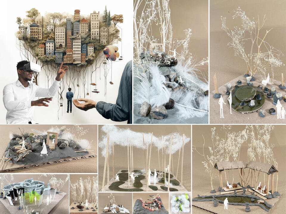 1 collage of the thesis topic and 10 photos of small models made from composite materials