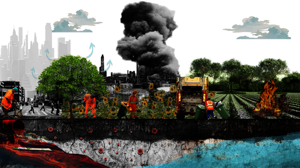 In "Build a Bridge of Empathy," my collage connects pollution-remediating plants with workers, illustrating their joint effort in environmental restoration and highlighting the symbiotic relationship and shared responsibilities in healing the planet.