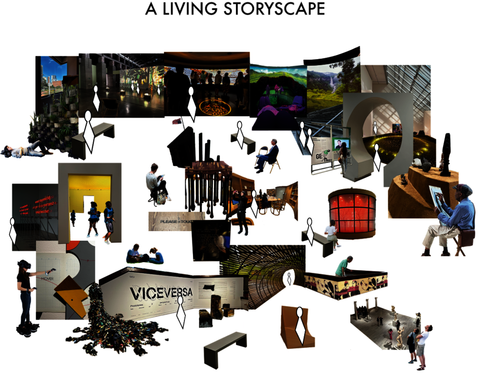 Conceptual collage for museum proposal displaying a mix up of exhibition spaces and people in it