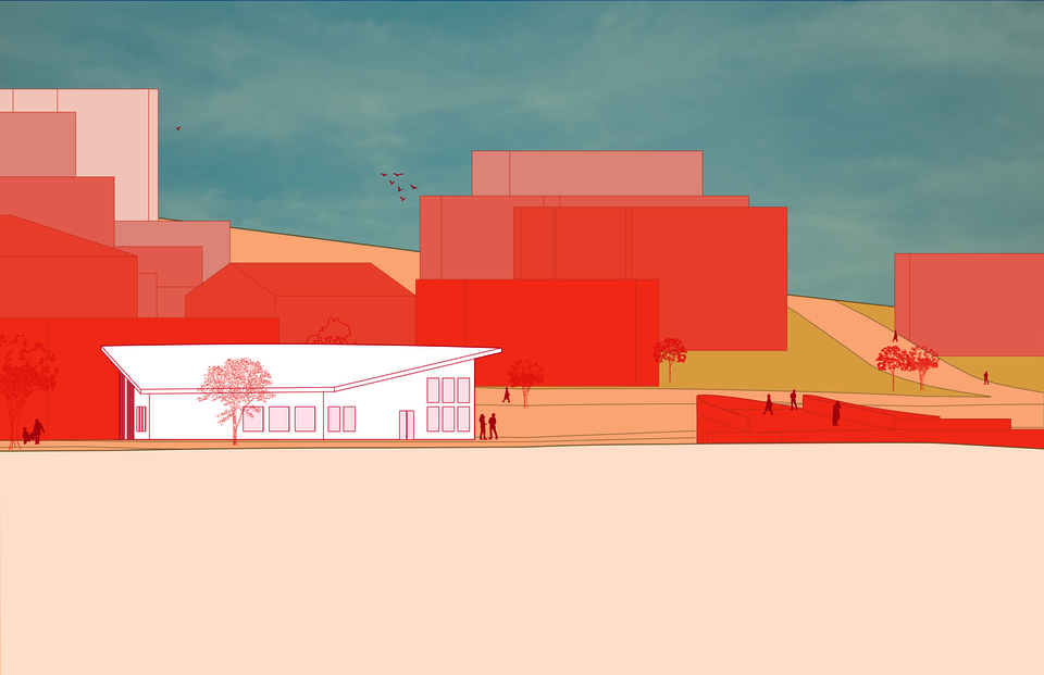 Elevation view of a one story building from Innovation Park, aimed towards RISD. The background buildings are shaded orange. The drawing is aspirational and positive, including birds and trees.