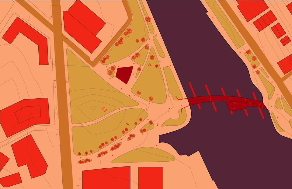 Architectural site plan of Innovation Park showing a red shape indicating the new addition. The drawing shows the pathways and grass areas of the park including trees and the river.