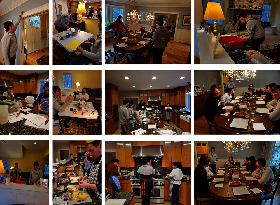 A series of photos showing several people cooking together. Some are wearing aprons or paper hats. Other people are crafting paper hats or decorations.