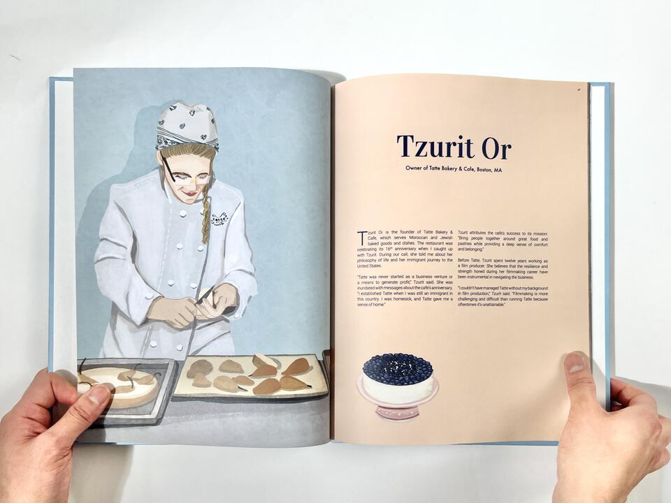 A photograph of a book spread featuring an illustrated woman pastry chef on the left page, and an interview profile of the owner of Tatte Bakery