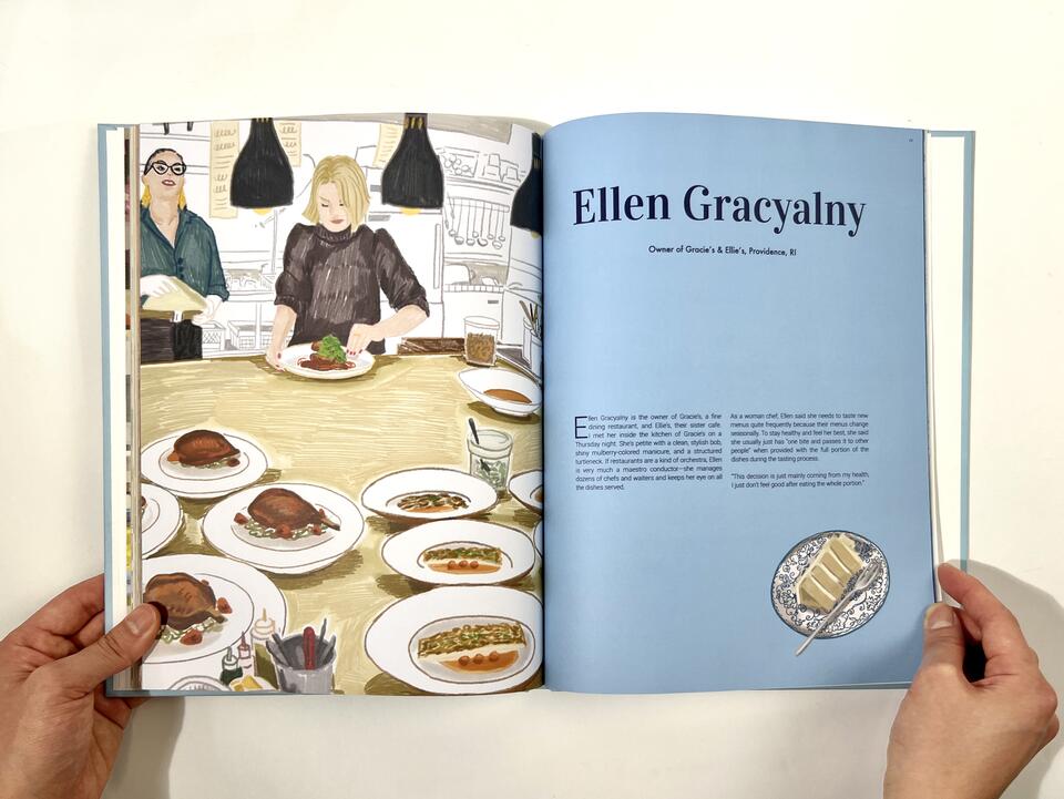 A photograph of a book spread featuring women in the kitchen on the left page, and an interview profile of Ellen Gracyalny on the right.