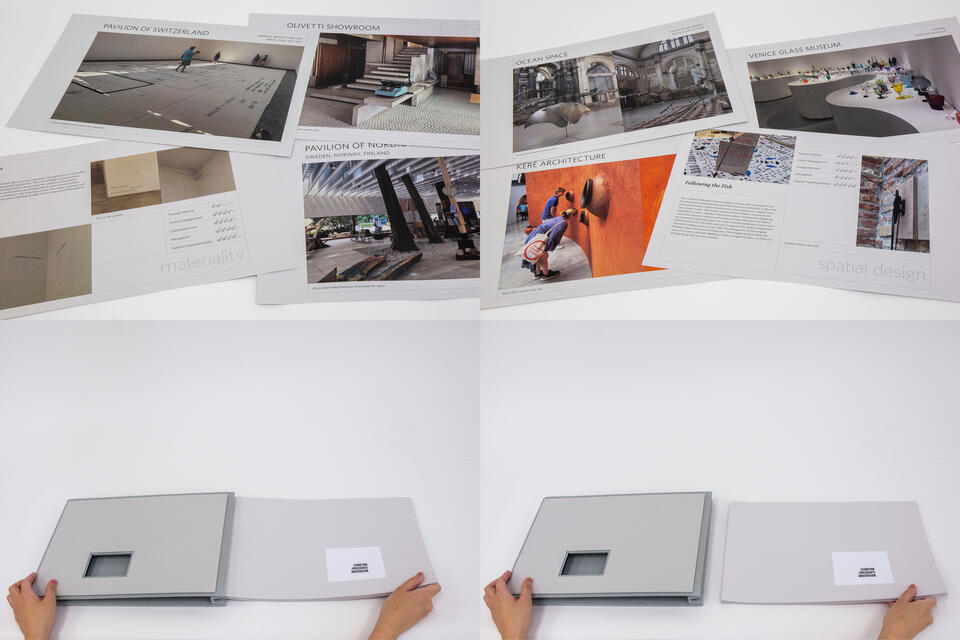 A catalog of precedents for exhibition designs, based on personal observation, functions as a clip where inner pages can be removed.