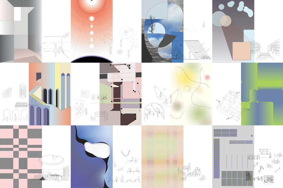 A set of abstract visualizations of design strategies accompanied by diagrammatic sketches.