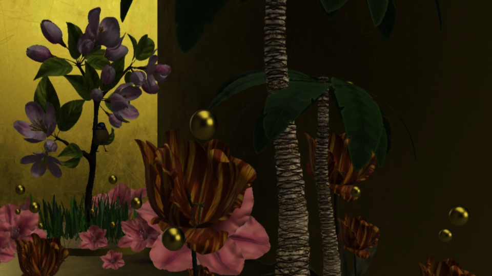 A digital and augmented reality garden with orange flowers and a palm tree in the forefront and pink flowers in the background. 
