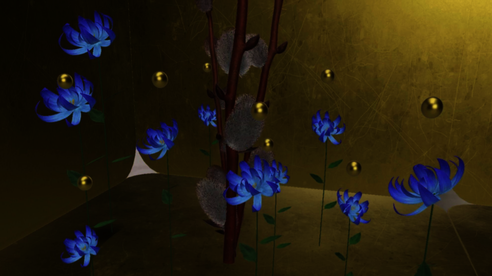 A digital and augmented reality garden with blue flowers
