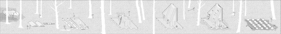 A black-and-white drawing of construction of a wood shed. Foresters and white silhouettes of trees between each scene.