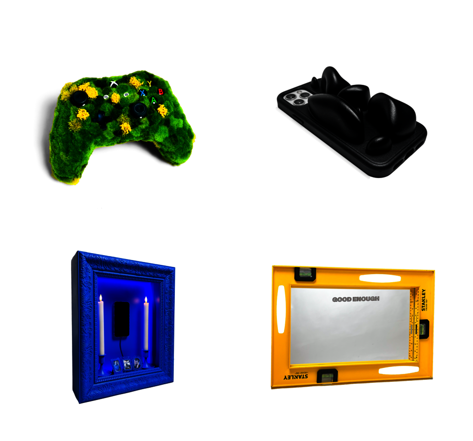 A satirical set of altered tech objects that disrupt digital habits and invite playful self-awareness.