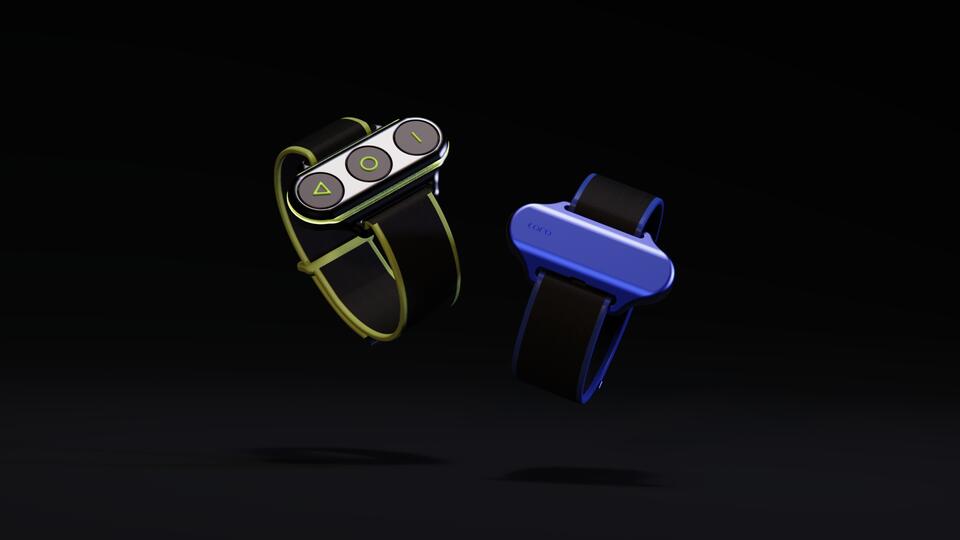 Two bands are shown, one is black with bright green accents, the other is black with electric blue accents.