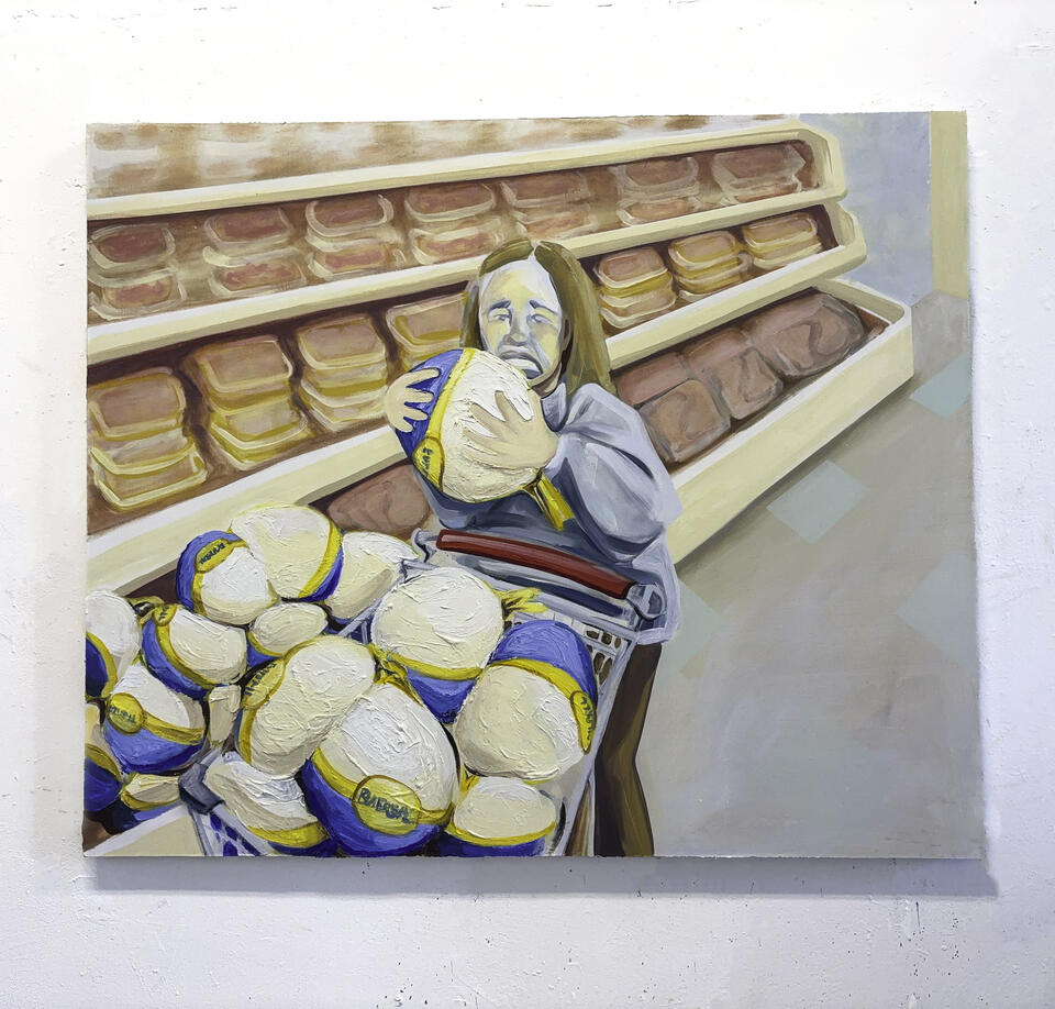 Painting of a figure in a grocery store meat aisle. Figure is holding a turkey standing behind a shopping cart.