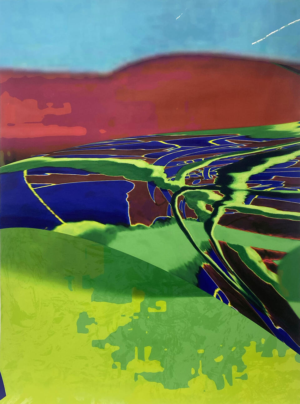 Yellow-green hills in front of a winding tree, and blue and purple bodies of water surround a mountain in the background.