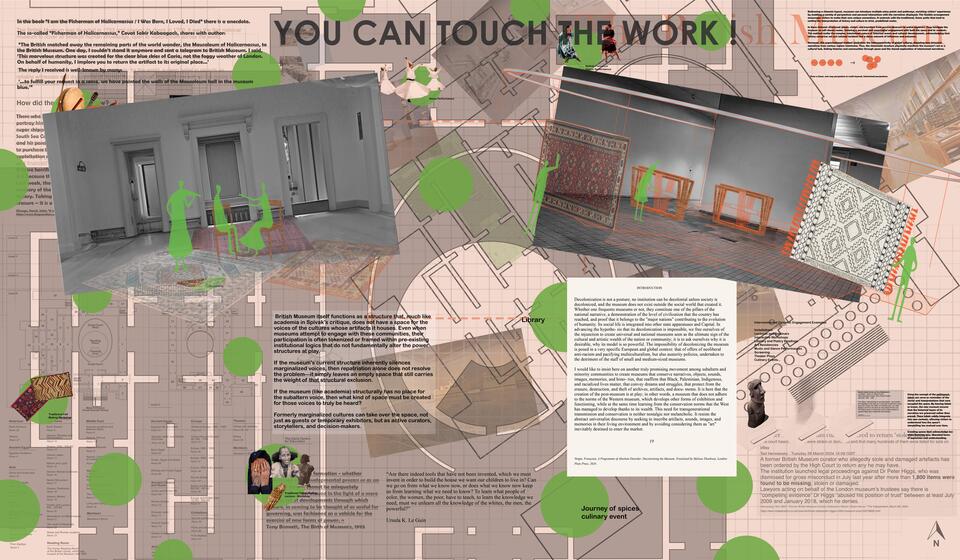 Layered translucent sheets show a non-linear map with texts and images, evoking a post-museum of care and confrontation.