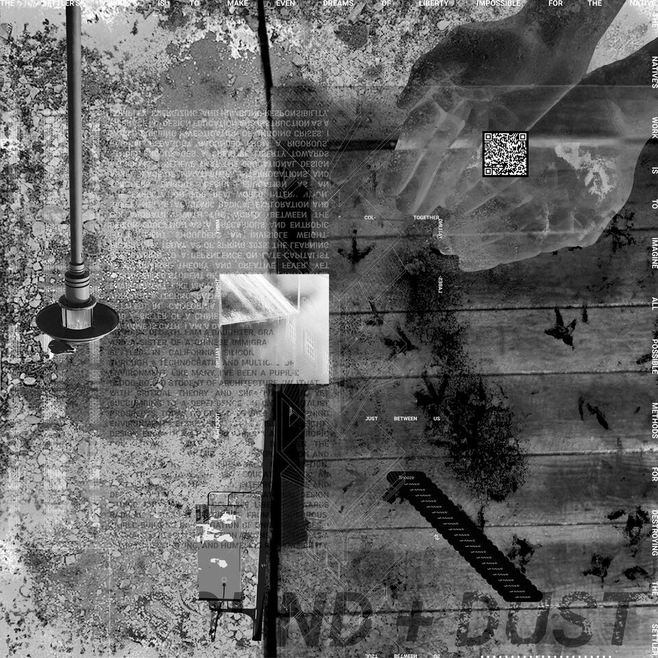 Footprints, alarms, hands, and dust collapsing in a corner. Centered text: "Many Things Falling Together, Just Between Us."