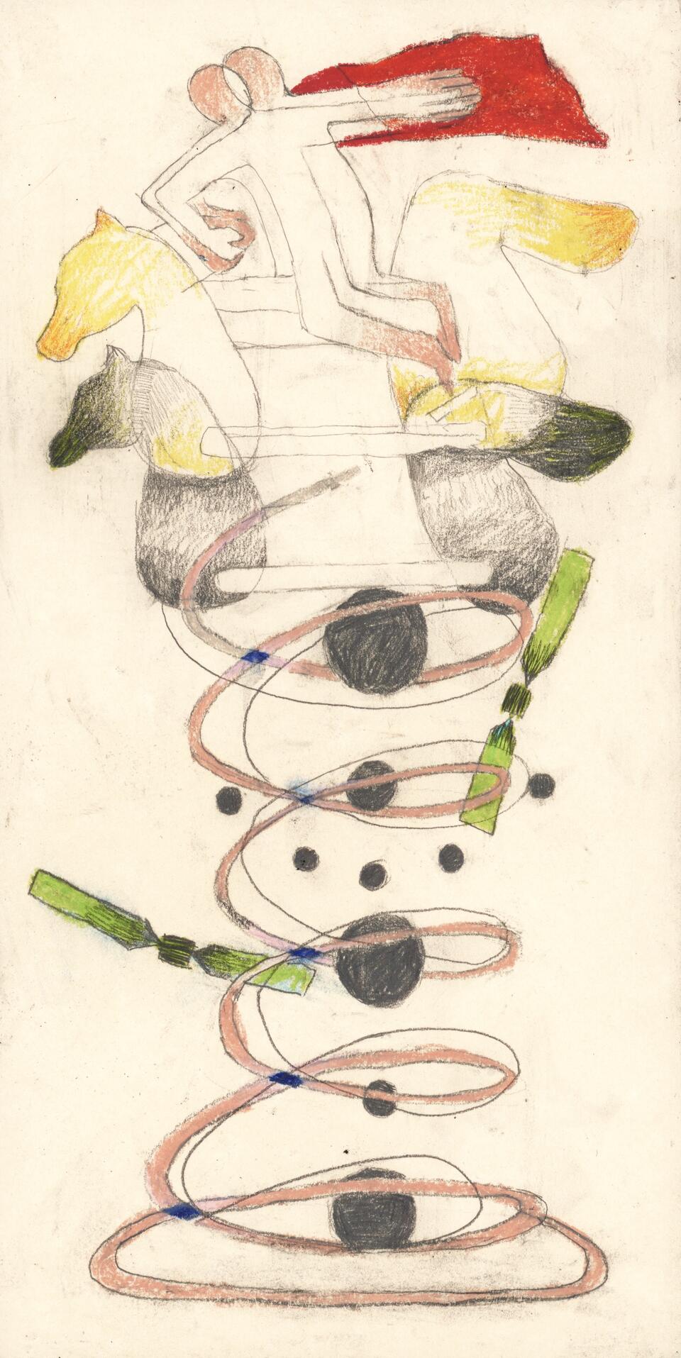 A lone figure rides a wooden horse beneath the vast cosmos, suspended between imagination and isolation.