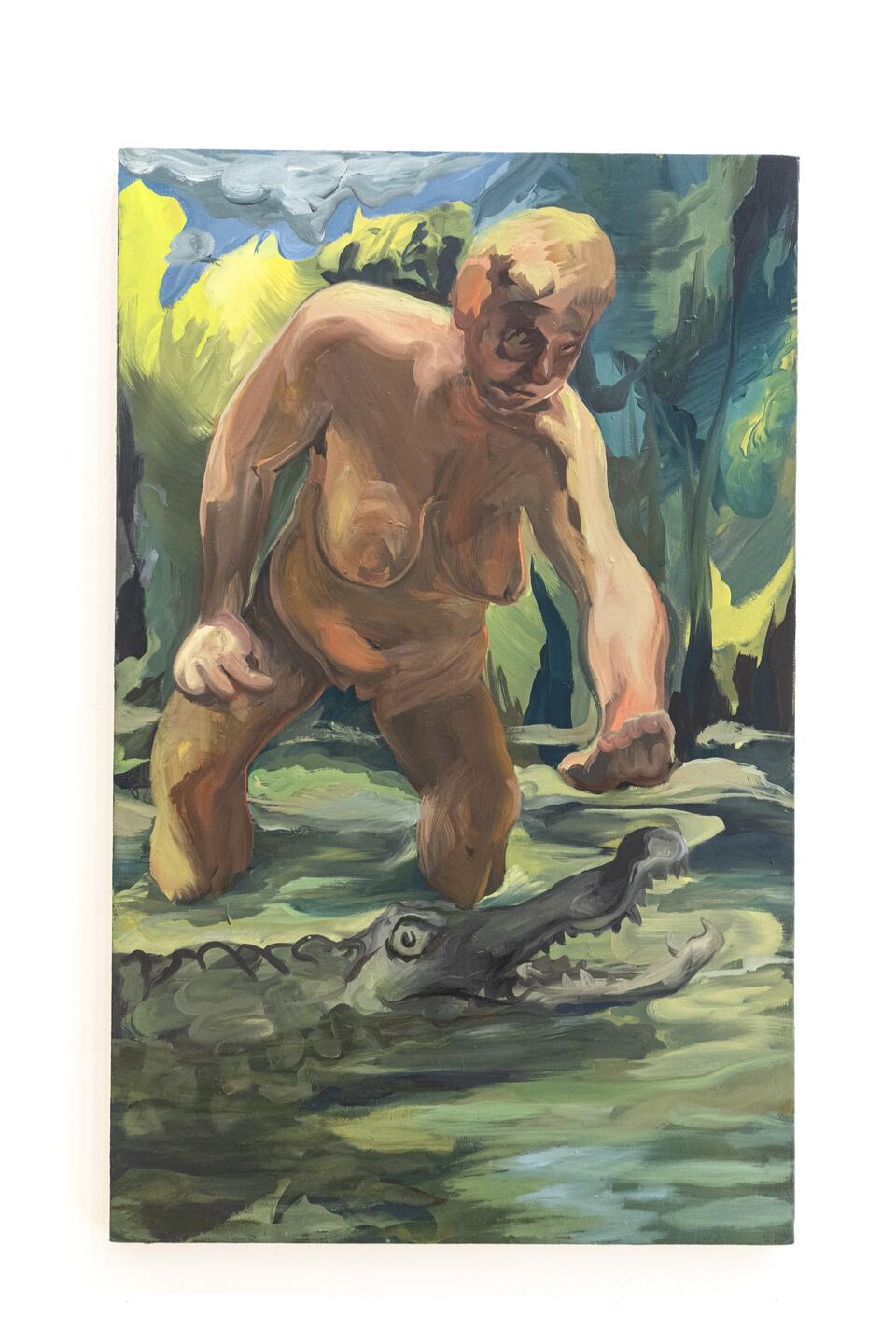 A figure in a swamp bends and places a hand above a gator