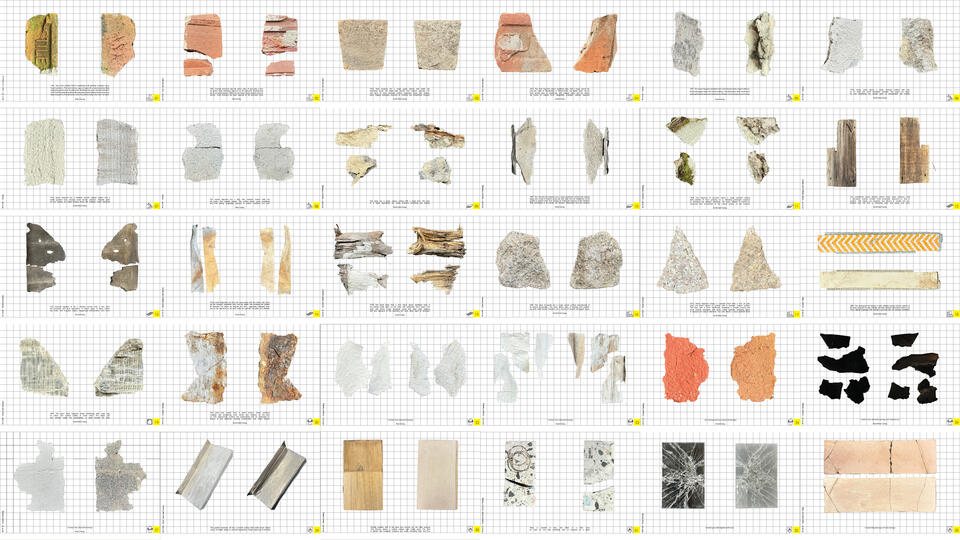 Weathered fragments of wood, concrete, metal, brick and plaster cataloged, collected from exterior sites across Providence