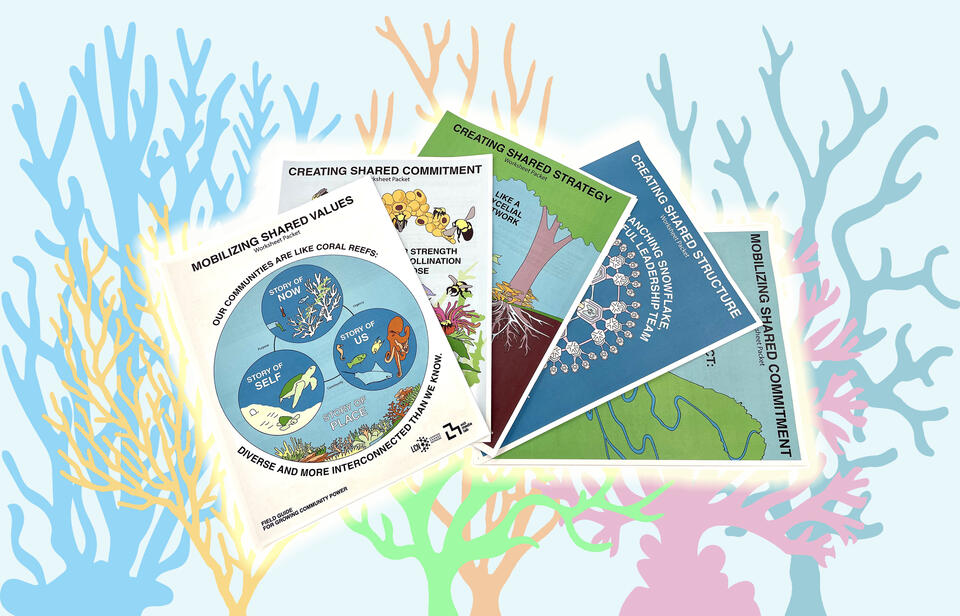 A fanned pile of five activism methodogies worksheet packets over top of a coral reef patterned background