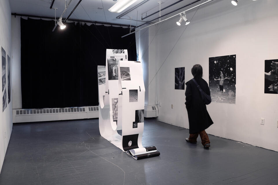 Installation exploring knowledge systems through questioning, with images as forms of knowing within space.