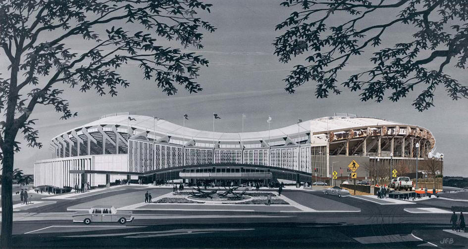 drawing of a stadium collaged with the existing run down state of the same stadium 