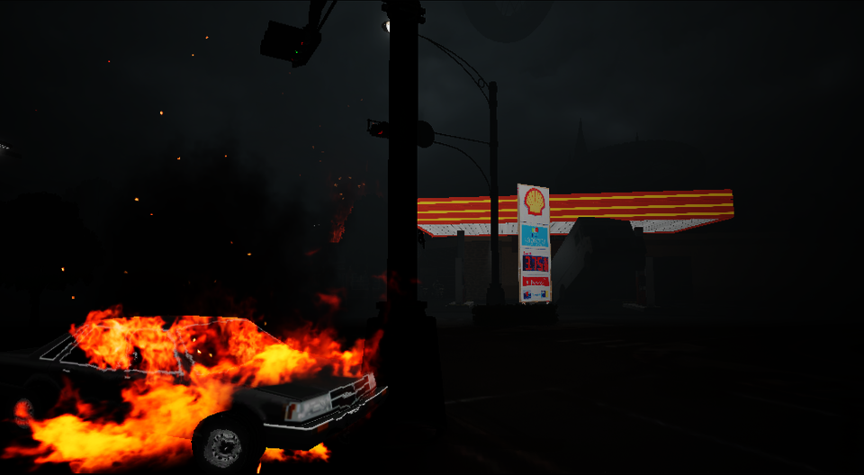 A burning car in front of a gas station on a dark, stormy night in a digital game scene from Roaring Zen.
