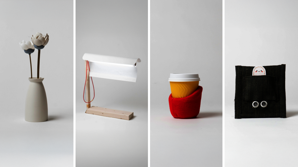 Four objects that subtly assist communication: an interactive flower, curtain lamp, calming cup holder, and pocket companion.