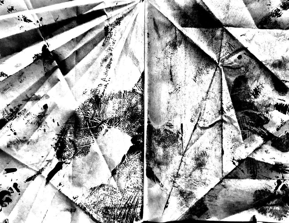 A scan from a book of vellum, whose pages have been creased, rubbed, and imprinted on. Here, a non-human object is humanized.
