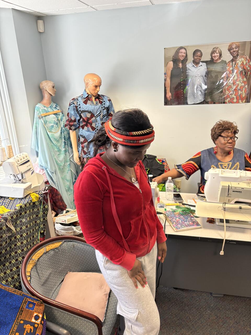 Image of community partner modeling a headpiece co-designed as part of the Patchworks design for social good thesis. 