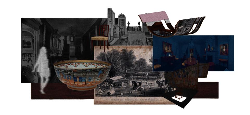 Collage of Pendleton House elements: dining room, mahogany furniture, porcelain vase, and an engraving of mahogany harvesting
