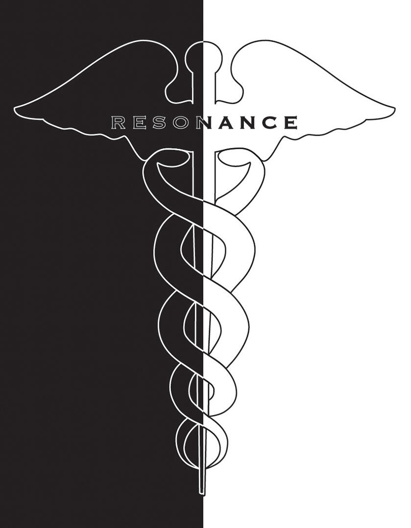 Half-white, half-black image of a caduceus bearing the word Resonance across the wings