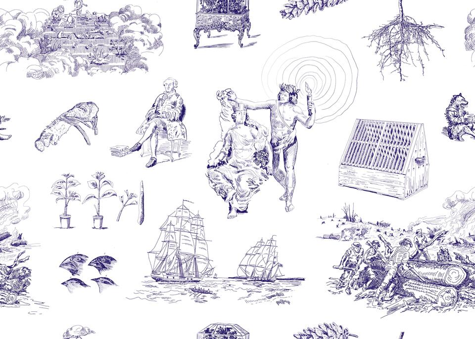 A repeating decorative pattern illustrates our extractive and exploitative relationship with plants.