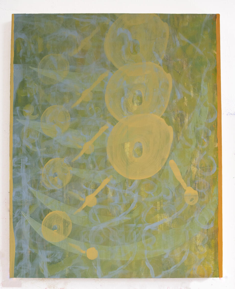 A soft green and yellow atmospehere, with some blue. Round yellow shapes connected by lines create an incomplete pattern.