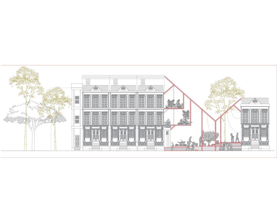 Section drawing of shophouses repurposed with terraced community spaces, work pods, and green areas connecting old and new