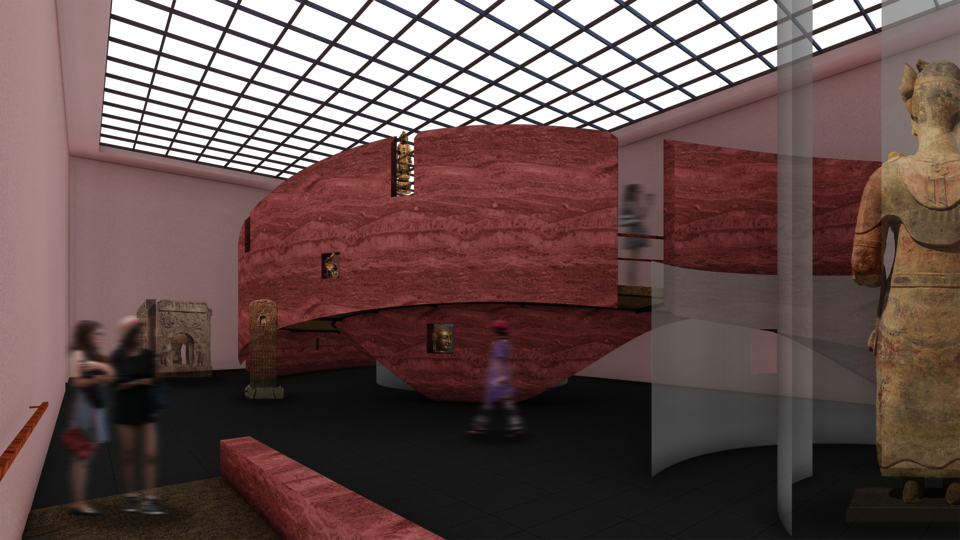 Curved walls and controlled sightlines frame a Buddhist sculpture to recontextualize it within the museum gallery.